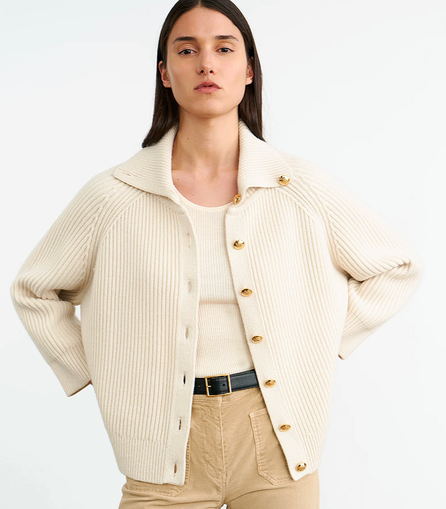 Nili Lotan Deryl cashmere ivory ribbed cardigan with gold buttons
