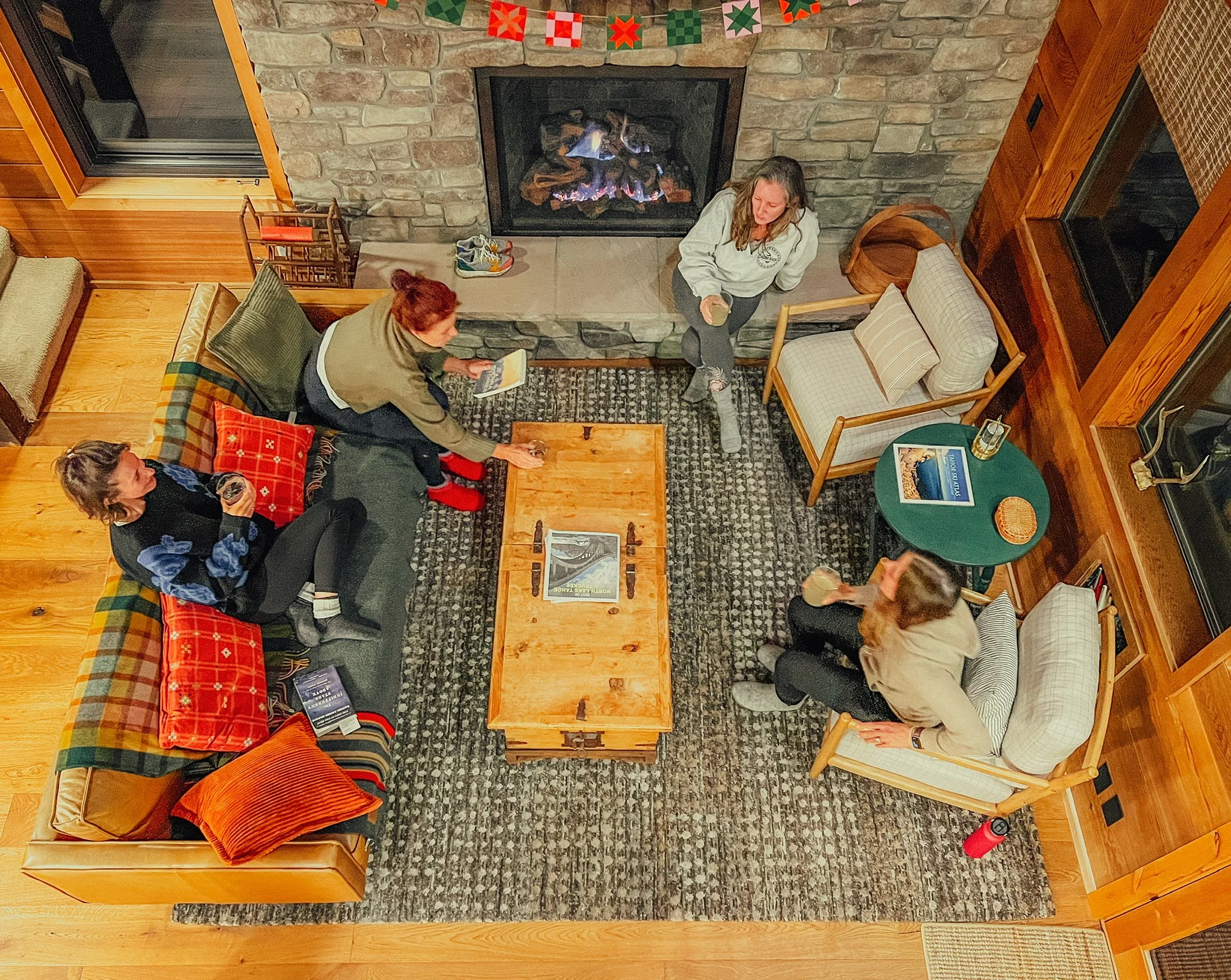 Social hour with hot cocoa and wine at Camp Hansel, our cozy cabin in Tahoe Donner.