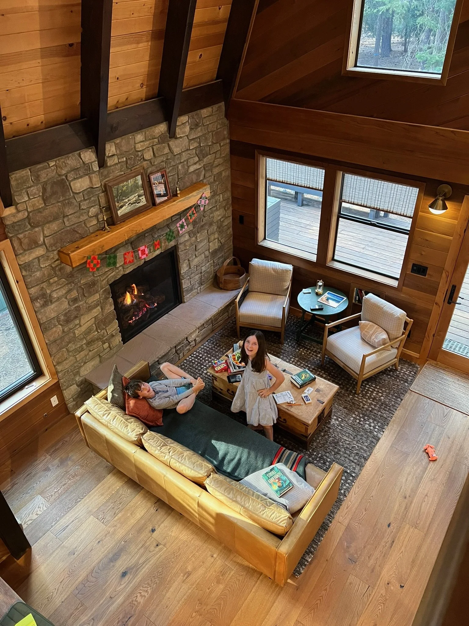 Cabin living room with gas fireplace. Tahoe, California