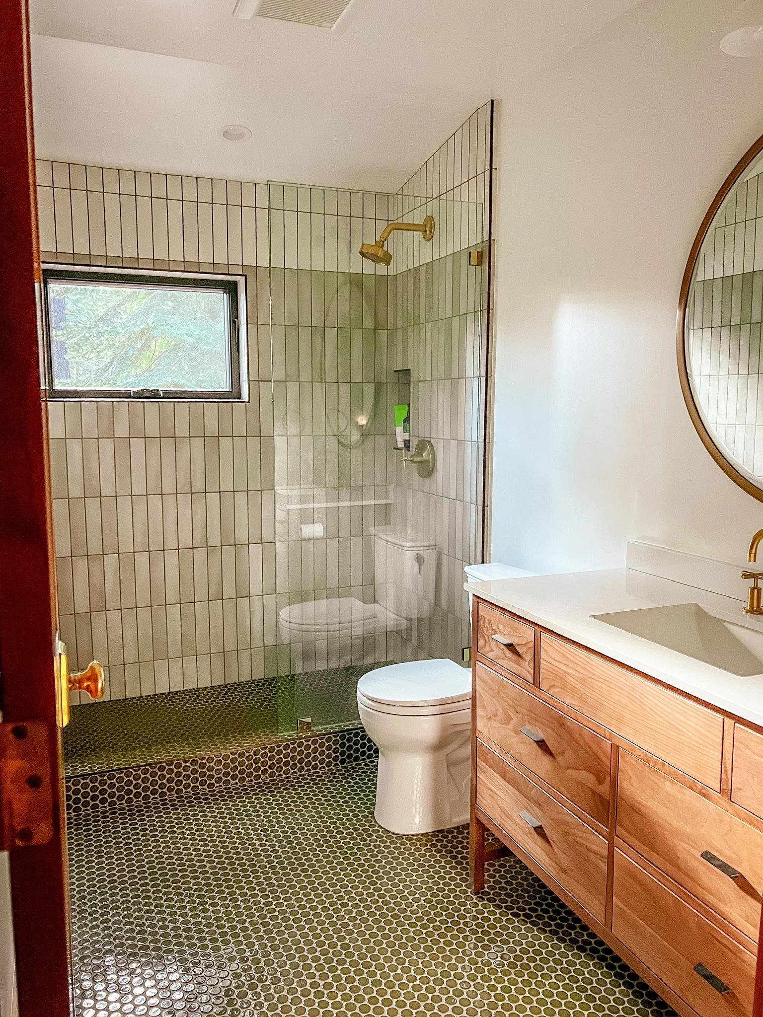 Upstairs Bathroom with Shower, Heated Floors and Forest Views.