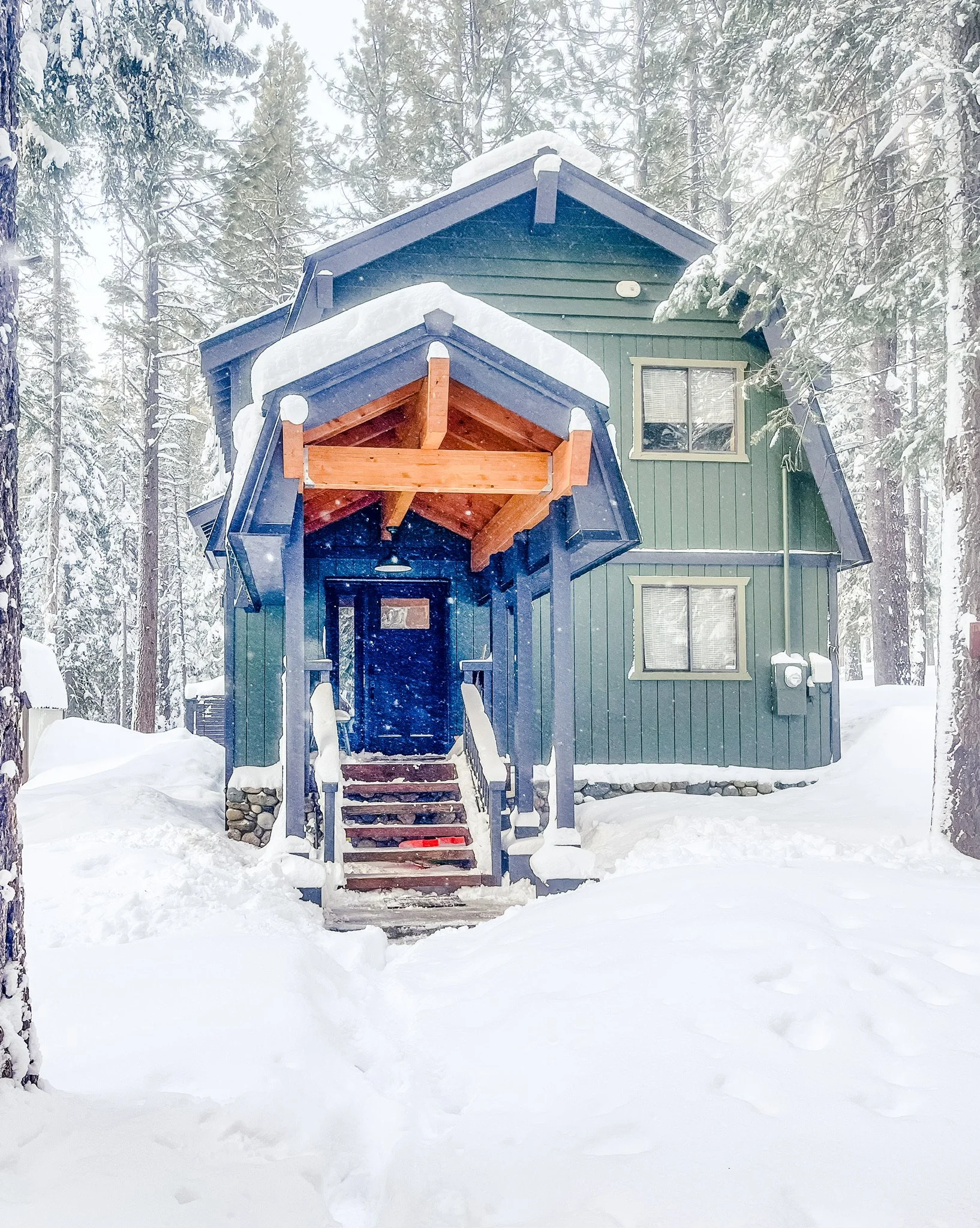 Cabin amidst the snow. No garage, but lots of snow for playing