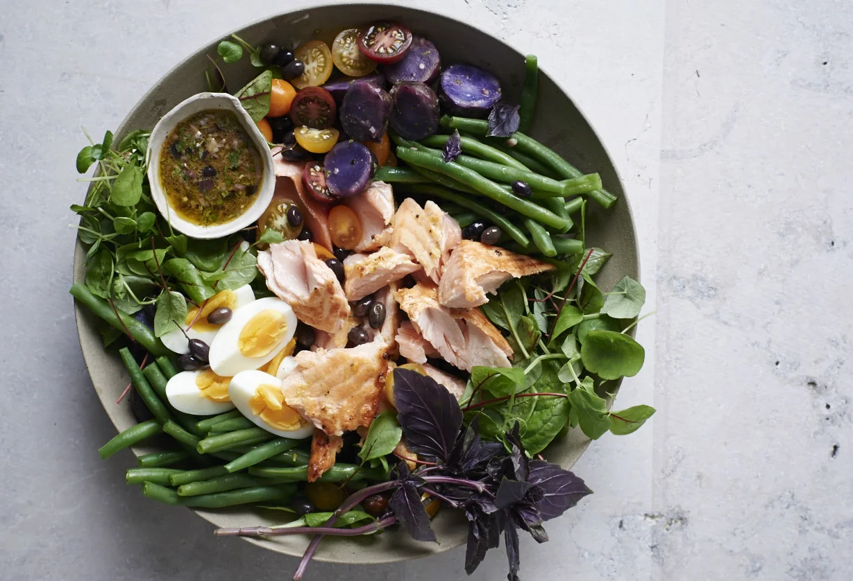 Salmon Niçoise with Olive, Mint, and Capers Vinaigrette