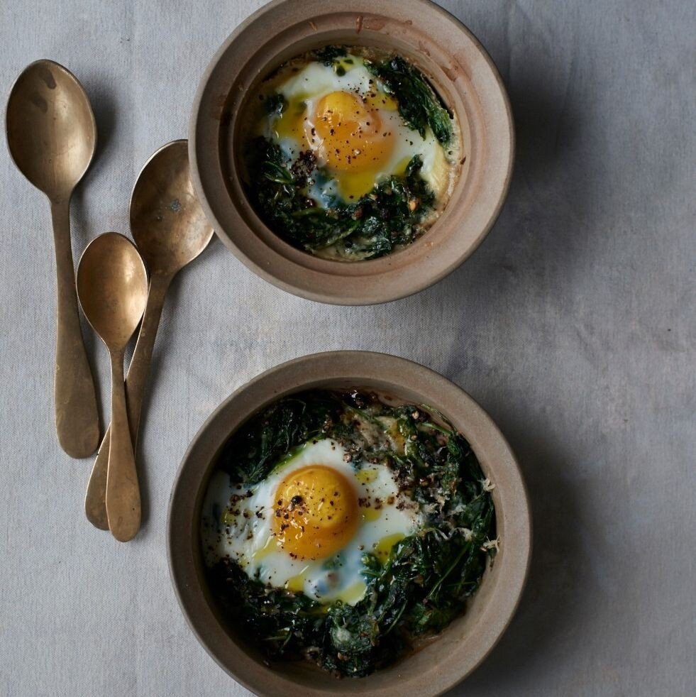Baked or shirred (pronounced &ldquo;sheared&rdquo;) eggs have been around forever. In this recipe, baking eggs over a little sauteed spinach with feta cheese and a shaving of nutmeg creates a dish that looks and tastes beautiful.⁠
⁠
Recipe for my Eas