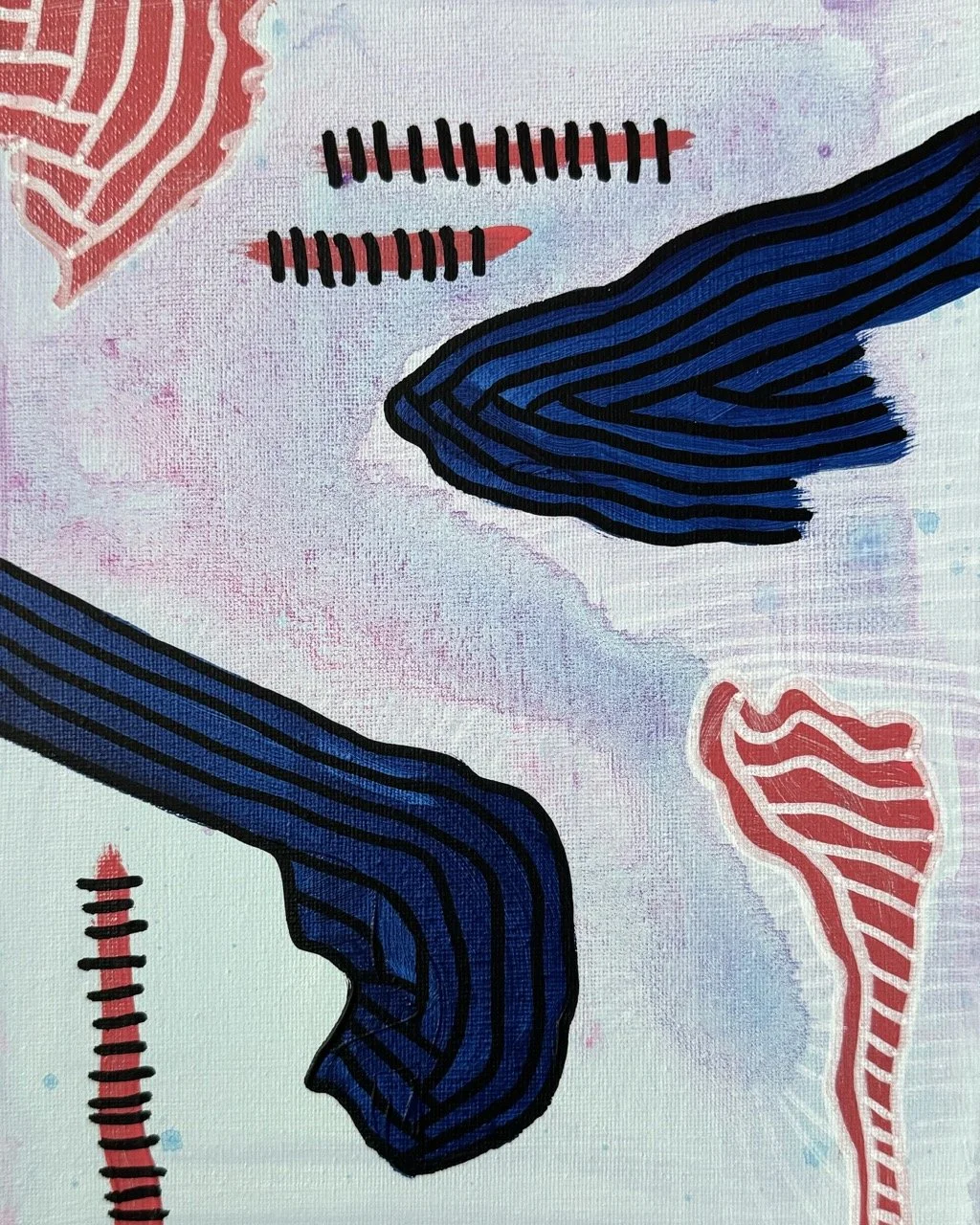 Abstract artwork with swirling blue and red lines on a pastel background.