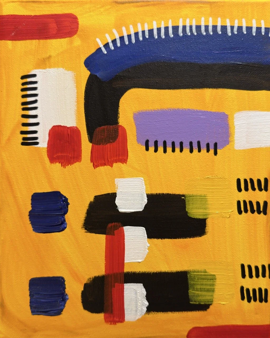 Abstract painting with a yellow background, featuring various geometric shapes and lines in red, blue, black, white, purple, and green.