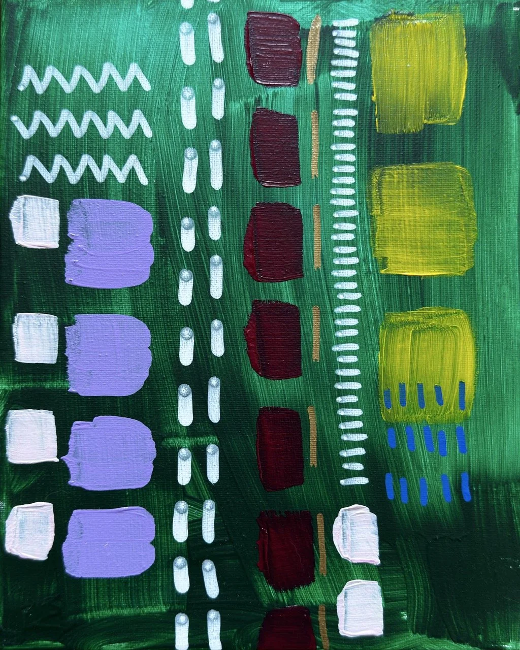 Abstract painting featuring a green background with rows of purple, white, and red shapes, and yellow and blue elements.