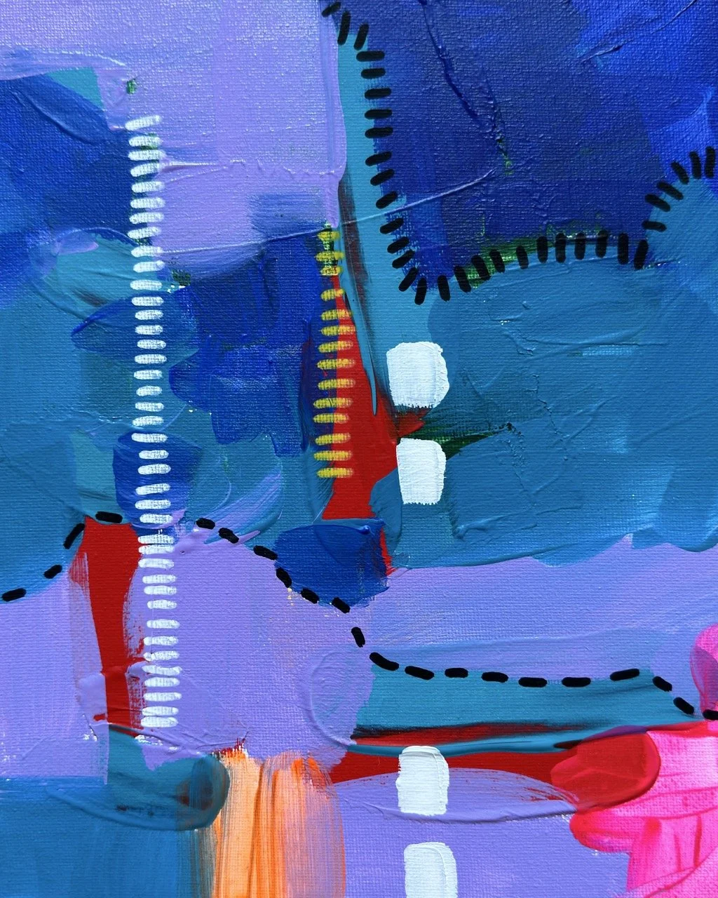 Abstract painting featuring various shades of blue, purple, red, pink, with dotted and dashed lines and shapes.