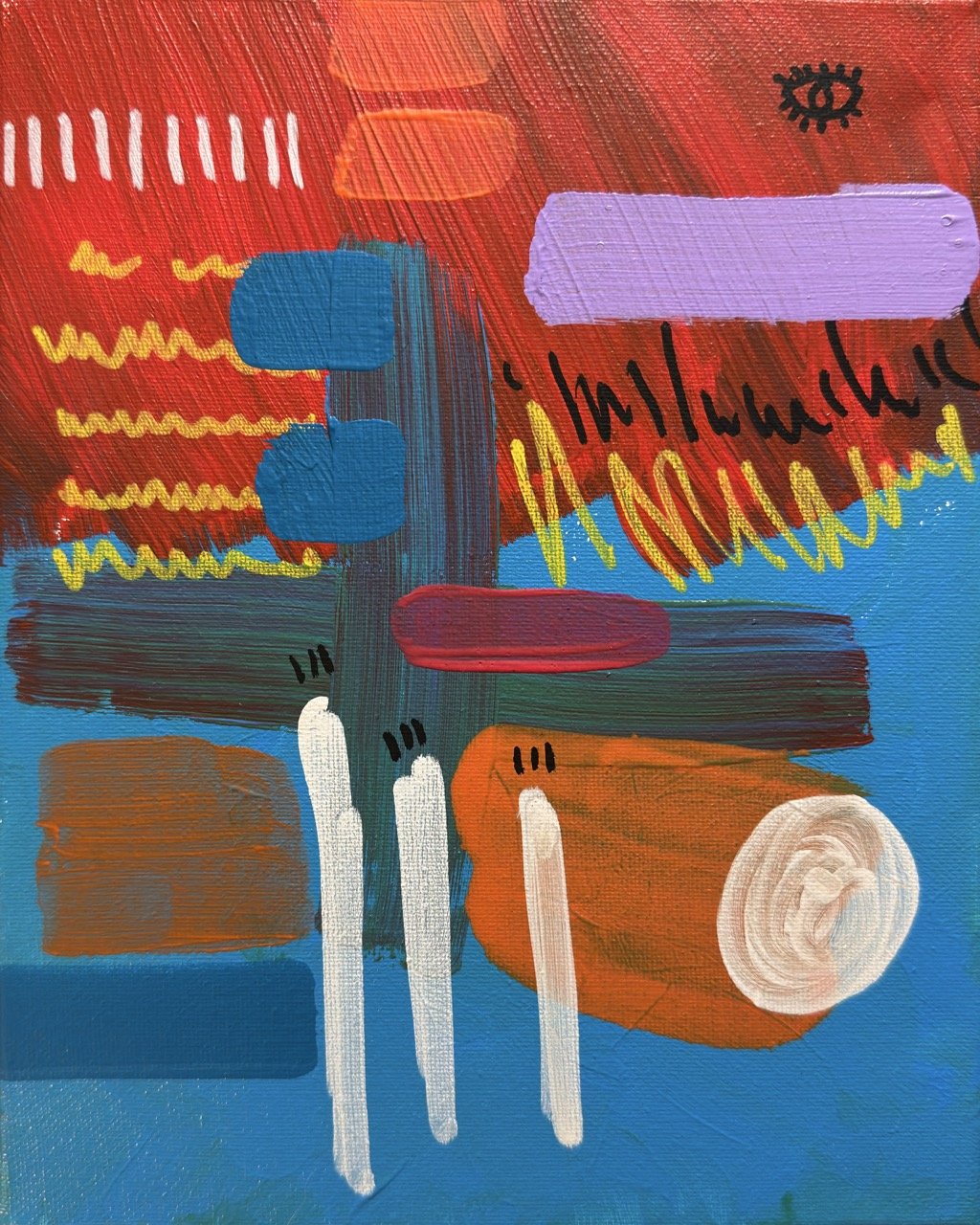 Abstract colorful painting featuring various shapes, lines, and brushstrokes in red, blue, purple, yellow, black, white, orange, and green.