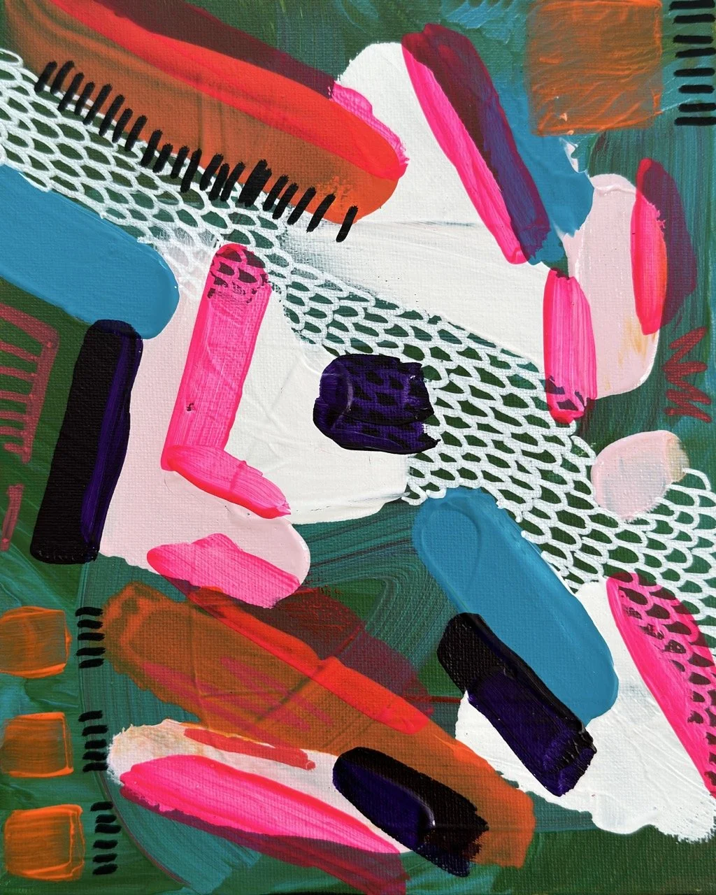 Abstract colorful painting with various shapes and brushstrokes in pink, blue, green, black, orange, and white.