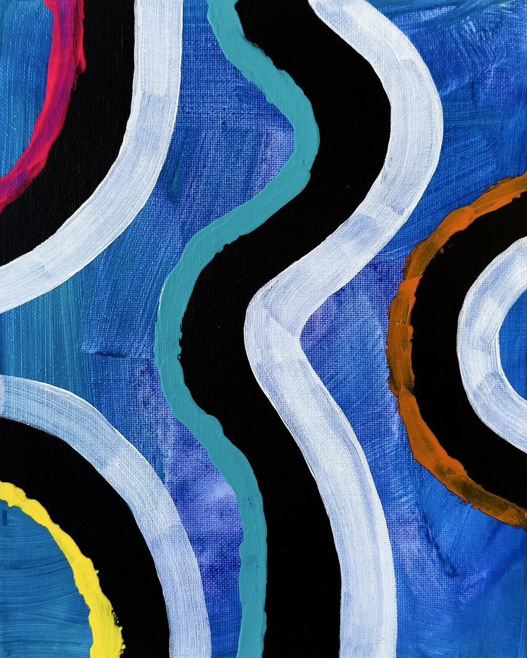 Close-up of abstract painting with wavy colorful lines on a blue background.