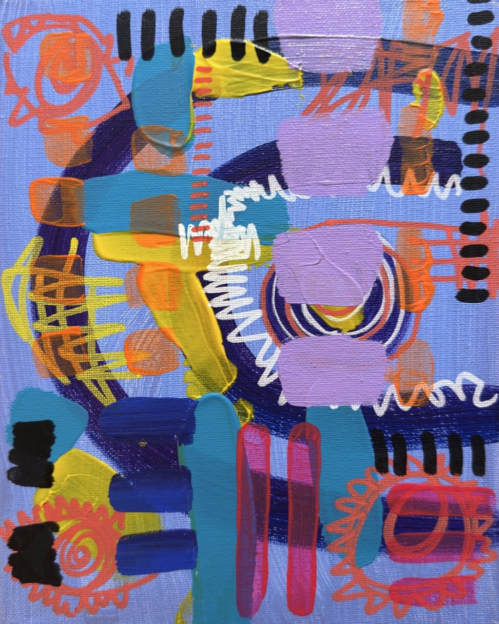 Abstract, colorful geometric painting with shapes, lines, and patterns in purple, blue, yellow, orange, black, pink, and white.