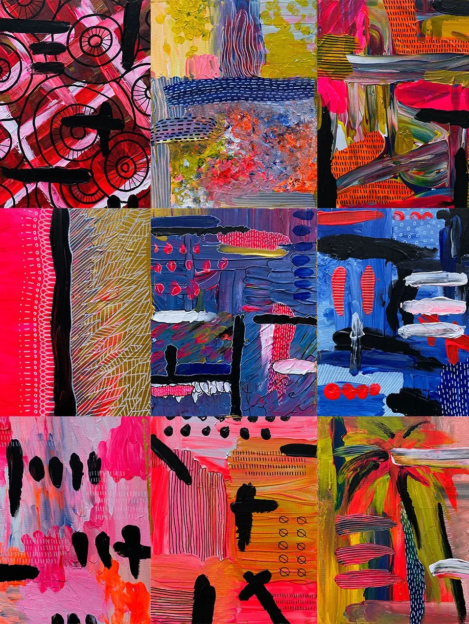 A grid of nine colorful abstract paintings with various brushstrokes, patterns, and textures featuring reds, pinks, blues, yellow, black, and other vibrant colors.