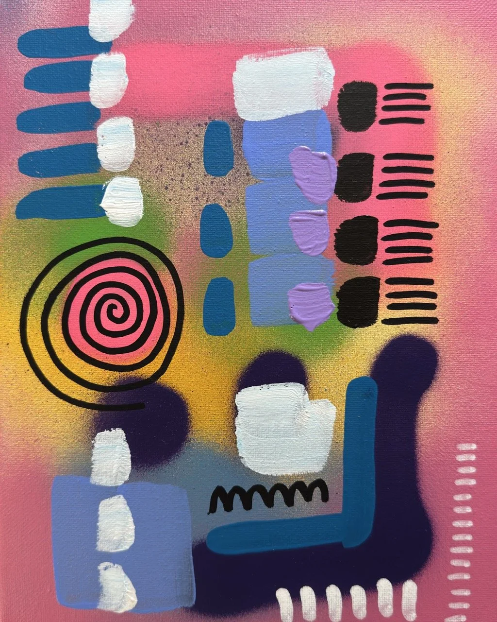Abstract colorful painting featuring various shapes and patterns, including a black spiral, blue and purple blocks, black horizontal lines, and white dots on a multicolored background.
