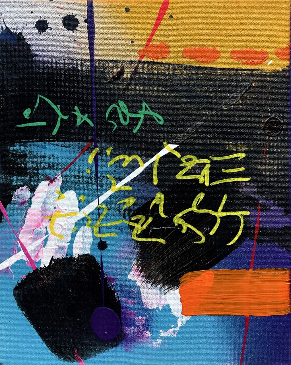 Abstract painting with colorful splashes of black, blue, pink, orange, yellow, and red, featuring handwritten numbers and symbols in yellow, green, purple, and white.
