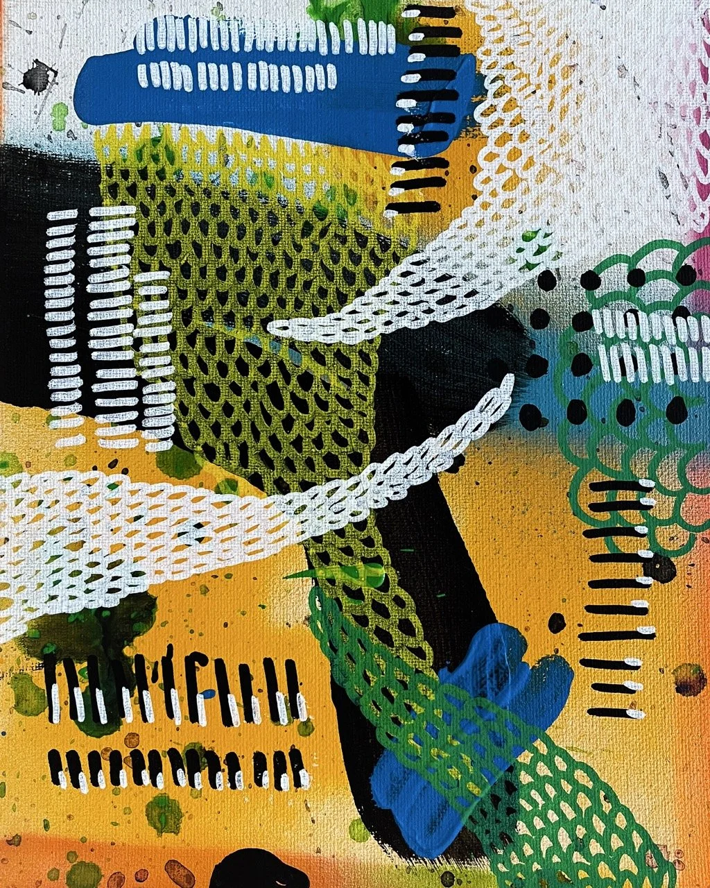 Abstract colorful graffiti art with various shapes, patterns, and colors including black, white, green, blue, yellow, pink, and orange.