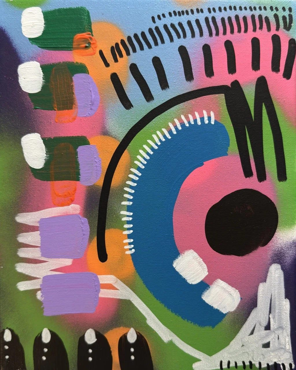 Abstract colorful painting with various shapes and lines including a large eye shape, black lines, and dots, with a background of pink, blue, green, orange, purple, and white colors.