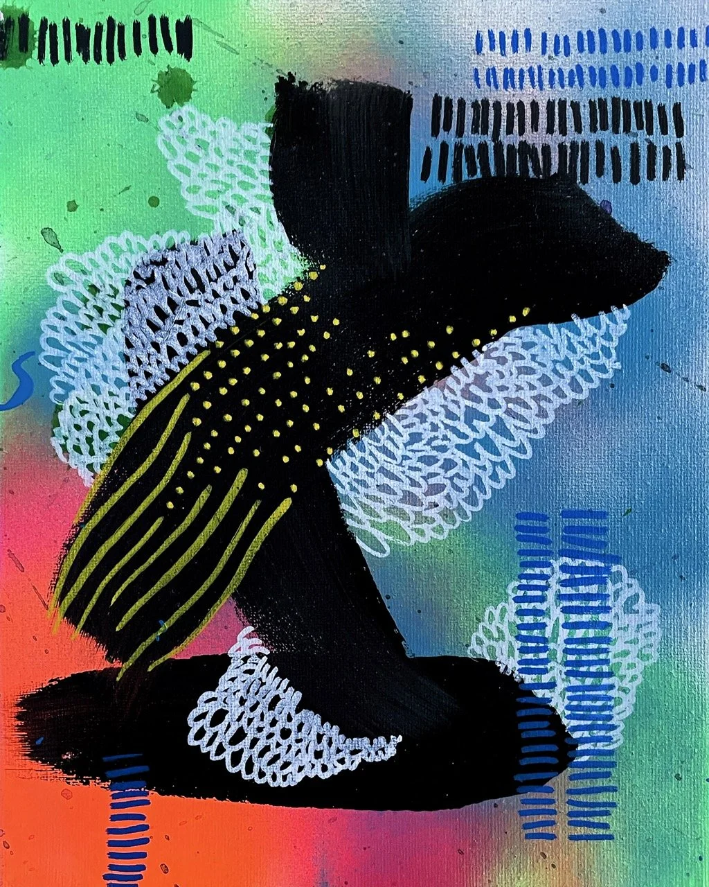 Abstract colorful painting of a whale tail with a background of multicolored patterns and textures.