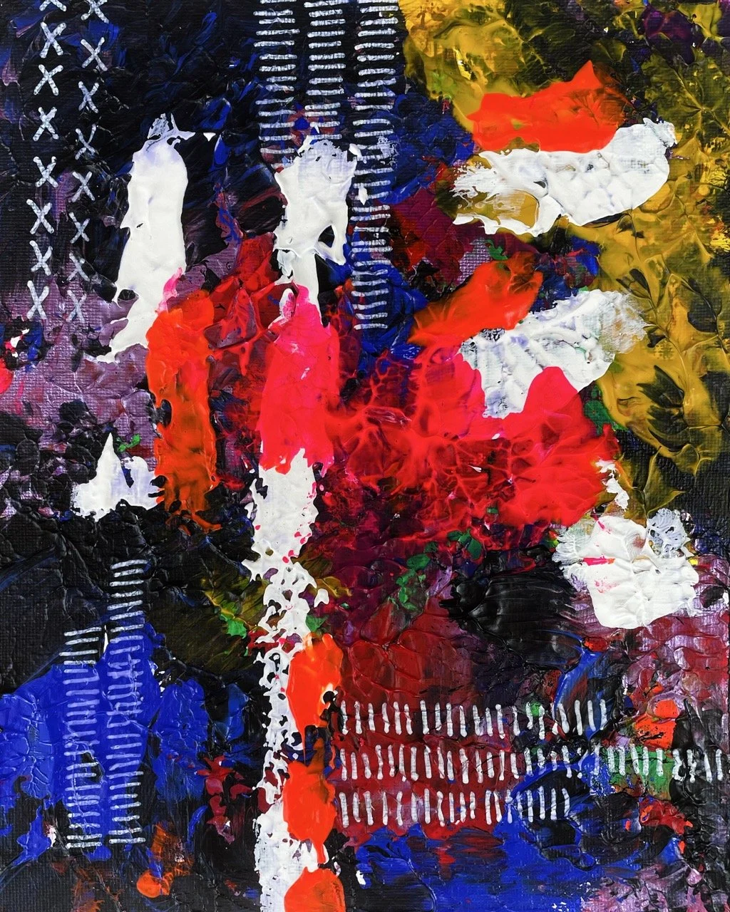 Abstract painting with vibrant colors including red, yellow, white, black, blue, purple, and green, with textured brushstrokes and patterns.