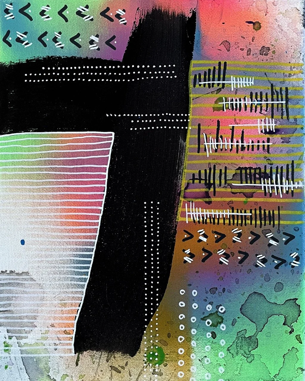 Abstract colorful painting with geometric shapes, dotted and striped patterns, and splashes of paint.