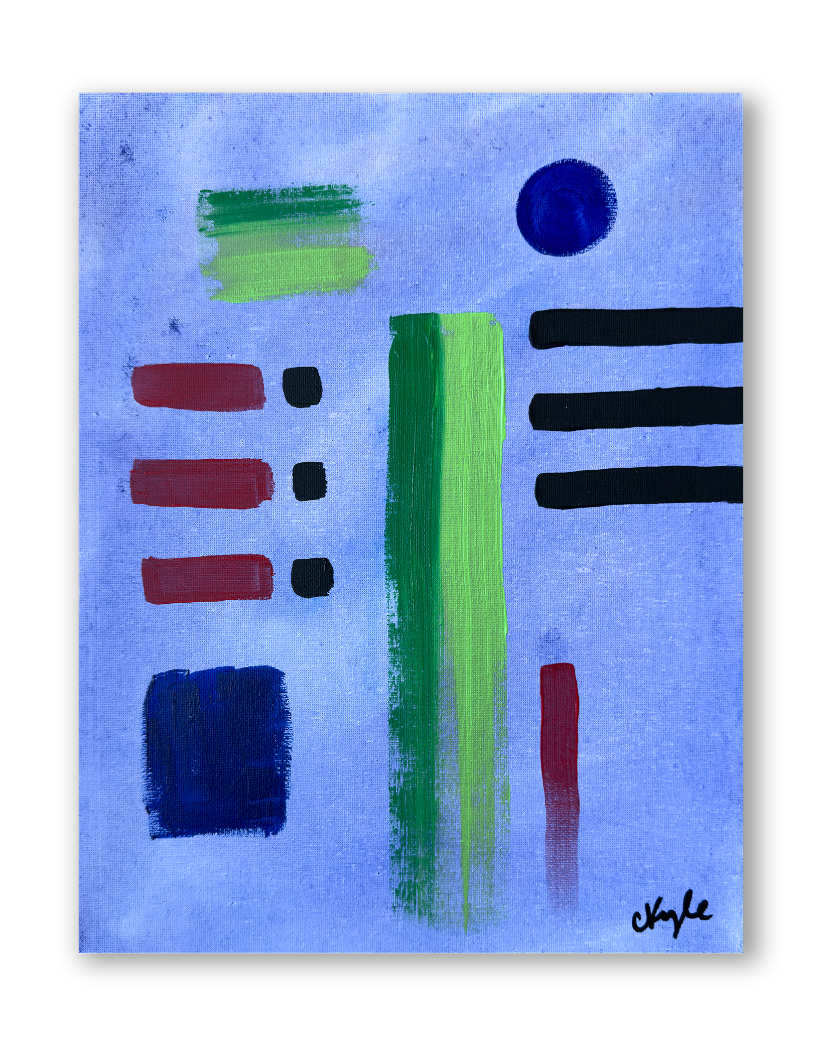 Abstract painting with blue background, green vertical streak, red and black horizontal lines, a blue circle, and a blue square.