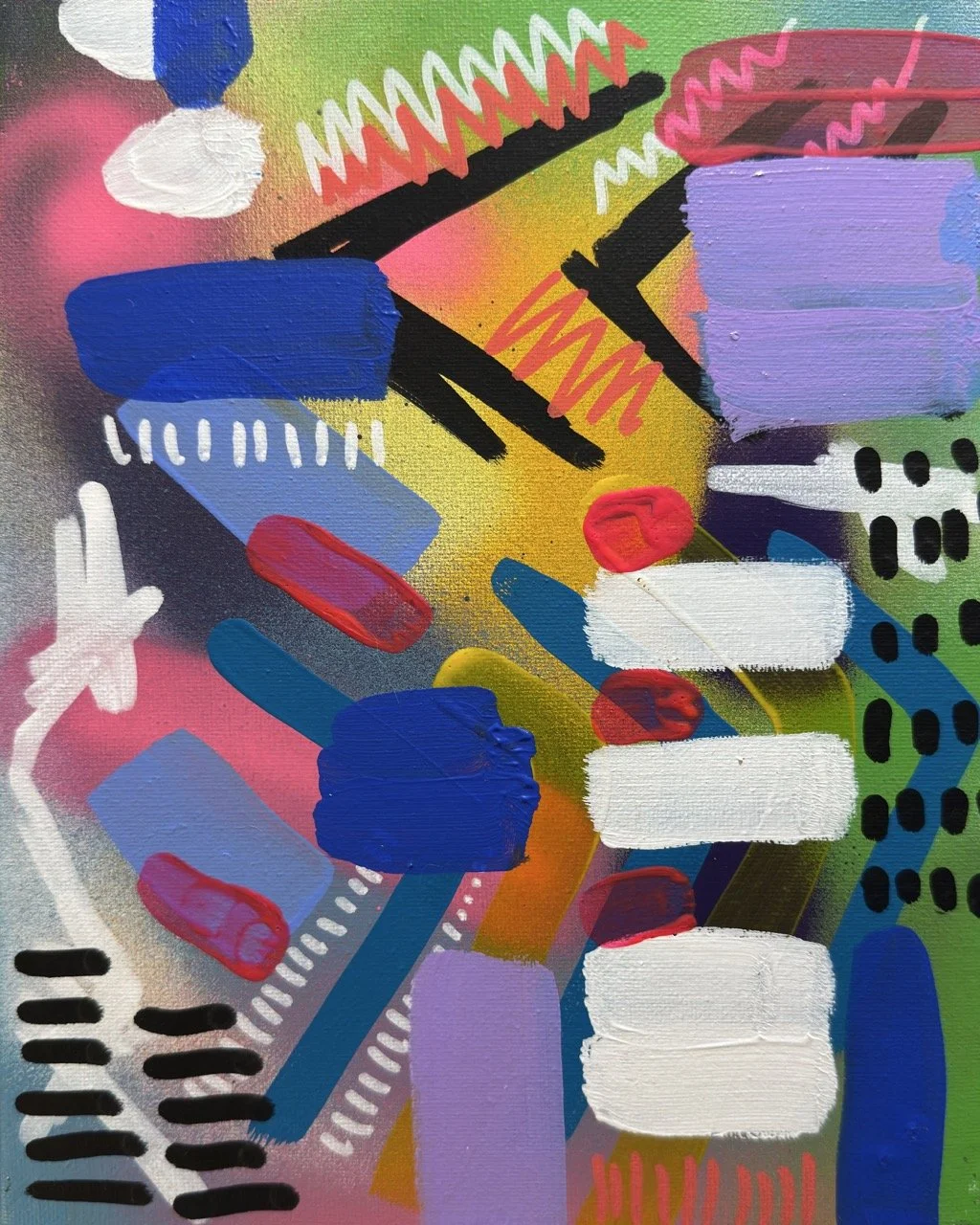 Colorful abstract painting with bold brushstrokes and patterns featuring blue, purple, white, red, pink, green, yellow, black, and orange. Geometric shapes and lines create a dynamic composition.