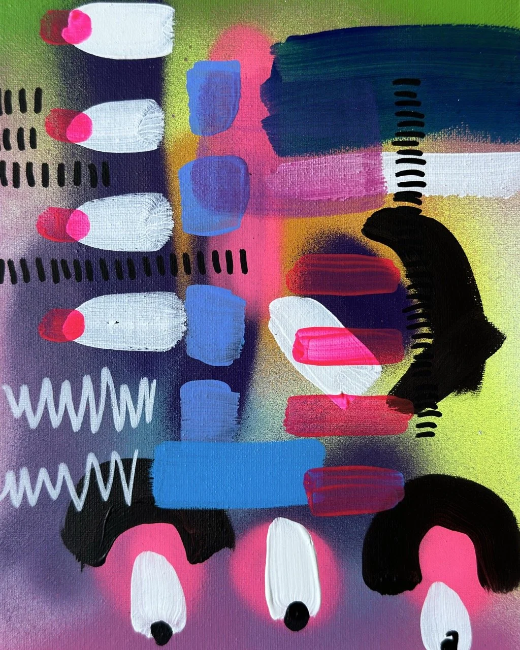 Abstract painting with colorful brushstrokes, shapes, and patterns in pink, blue, black, white, and green.