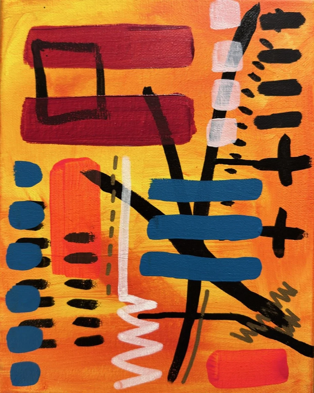 Abstract painting with vibrant colors, including red, orange, yellow, blue, black, white, and pink, featuring rectangles, lines, and dotted patterns.