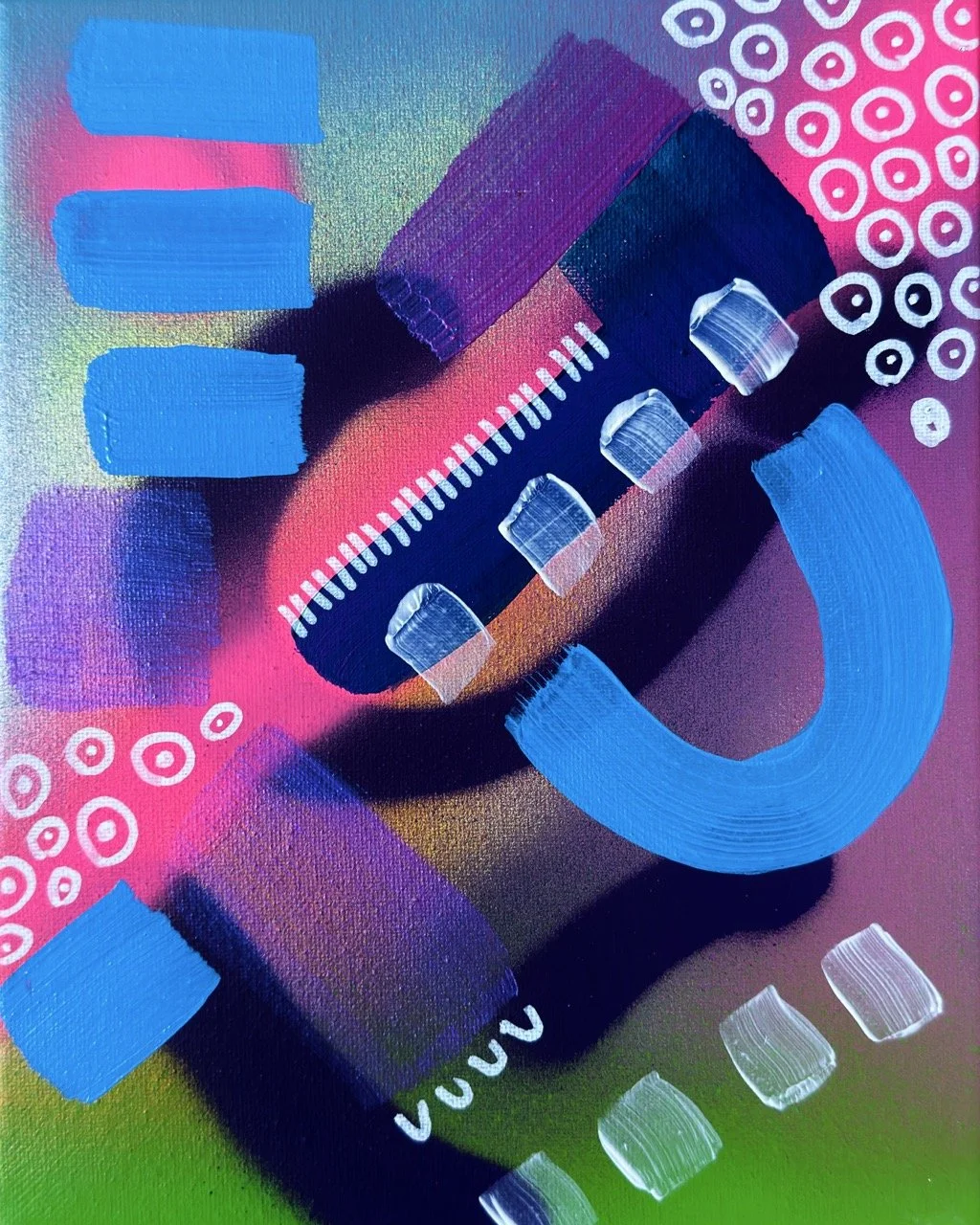 Abstract colorful painting with pink, blue, purple, black, and green hues, featuring geometric shapes, brush strokes, circles, and squares.