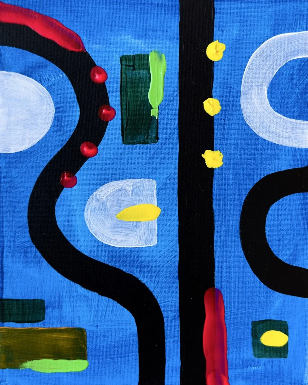 Abstract painting with bold black lines on a blue background, decorated with small yellow, red, and green shapes.