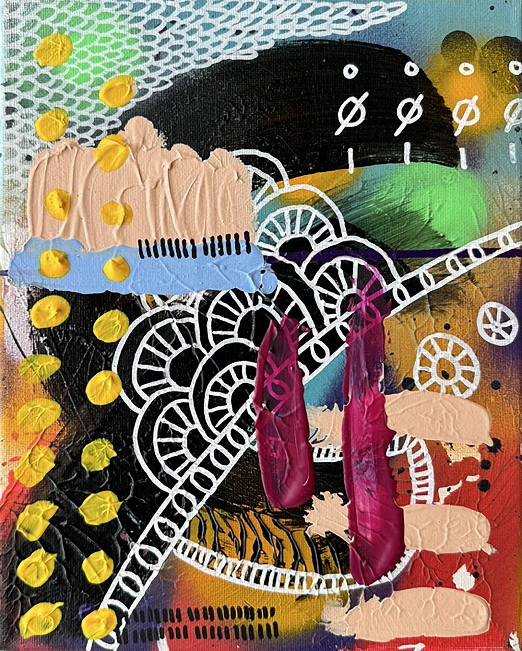 Abstract colorful painting with various textures, lines, and shapes, including black, white, green, yellow, pink, and blue elements.