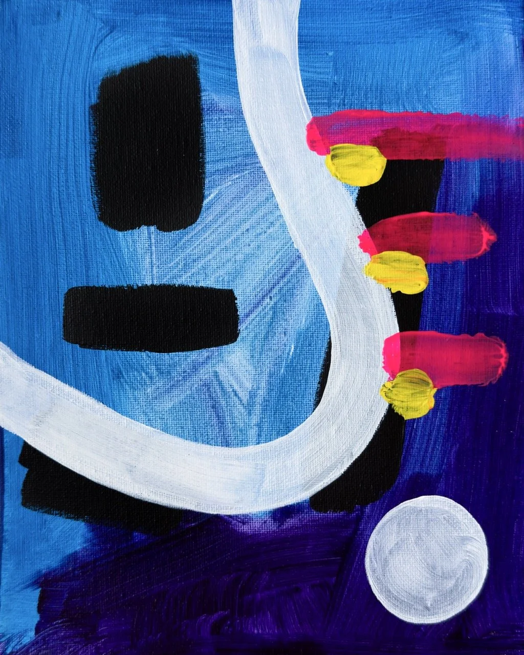 Abstract painting with blue, black, white, pink, and yellow brushstrokes, featuring black rectangular shapes and a white curved line.