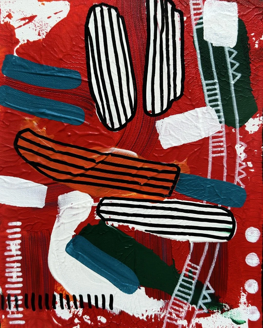 Abstract painted artwork with bold red background, black and white striped shapes, blue, orange, and white irregular shapes, and geometric patterns.