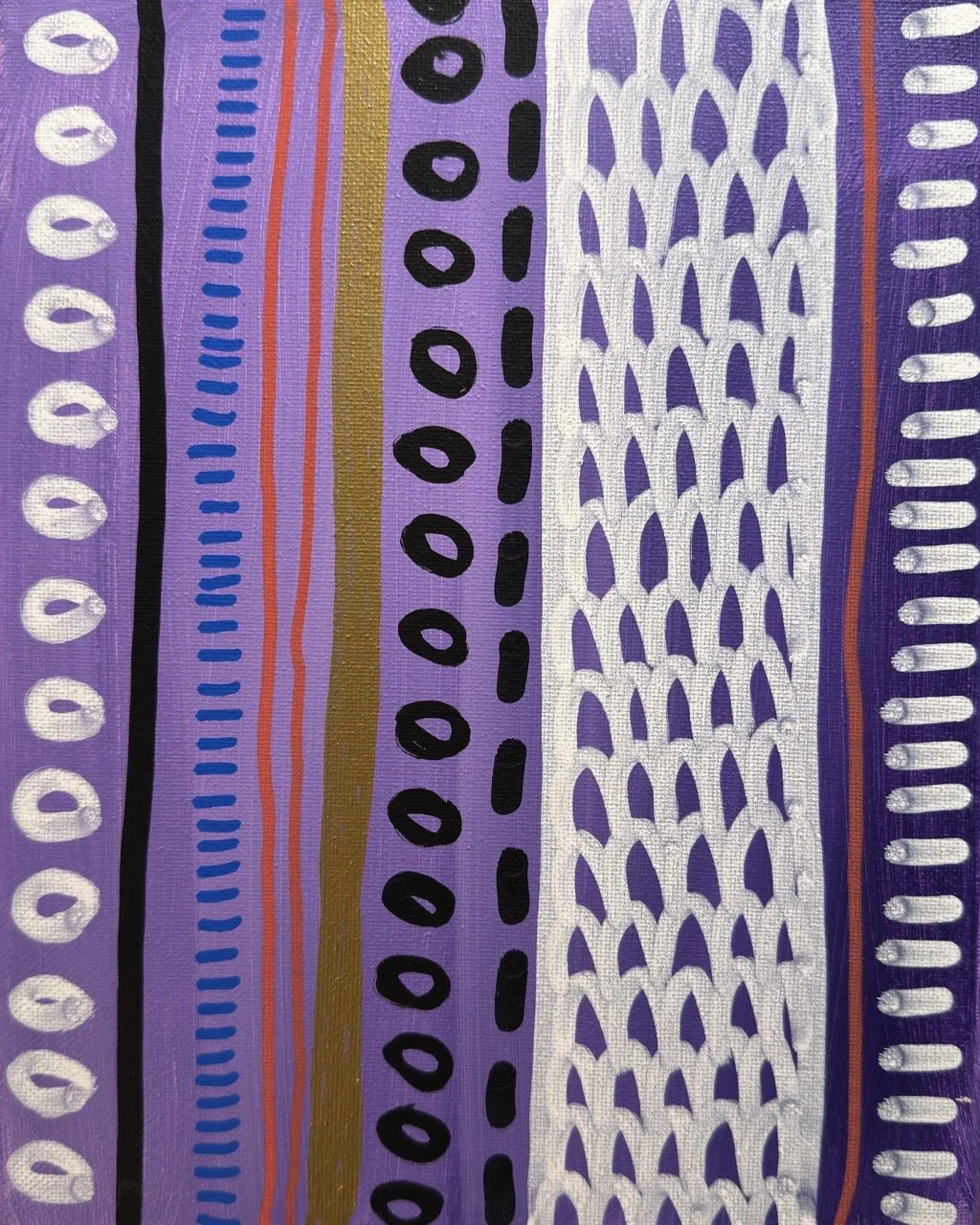 Abstract painting with vertical stripes in purple, black, blue, red, gold, and white. The stripes feature various patterns such as loops, dashes, and textured strokes.