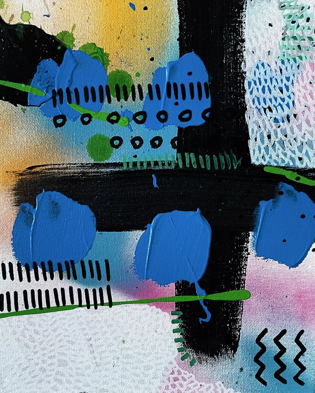 Abstract painting with blue, green, black, yellow, and pink colors, featuring various shapes, dots, and lines.