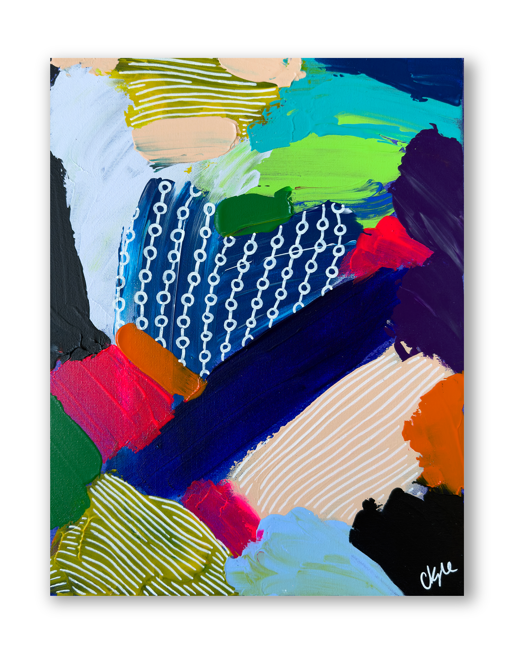 Abstract colorful painting with various brushstrokes, patterns, and colors including blue, green, red, orange, black, beige, and light blue. Signed 'Chloe' in bottom right corner.