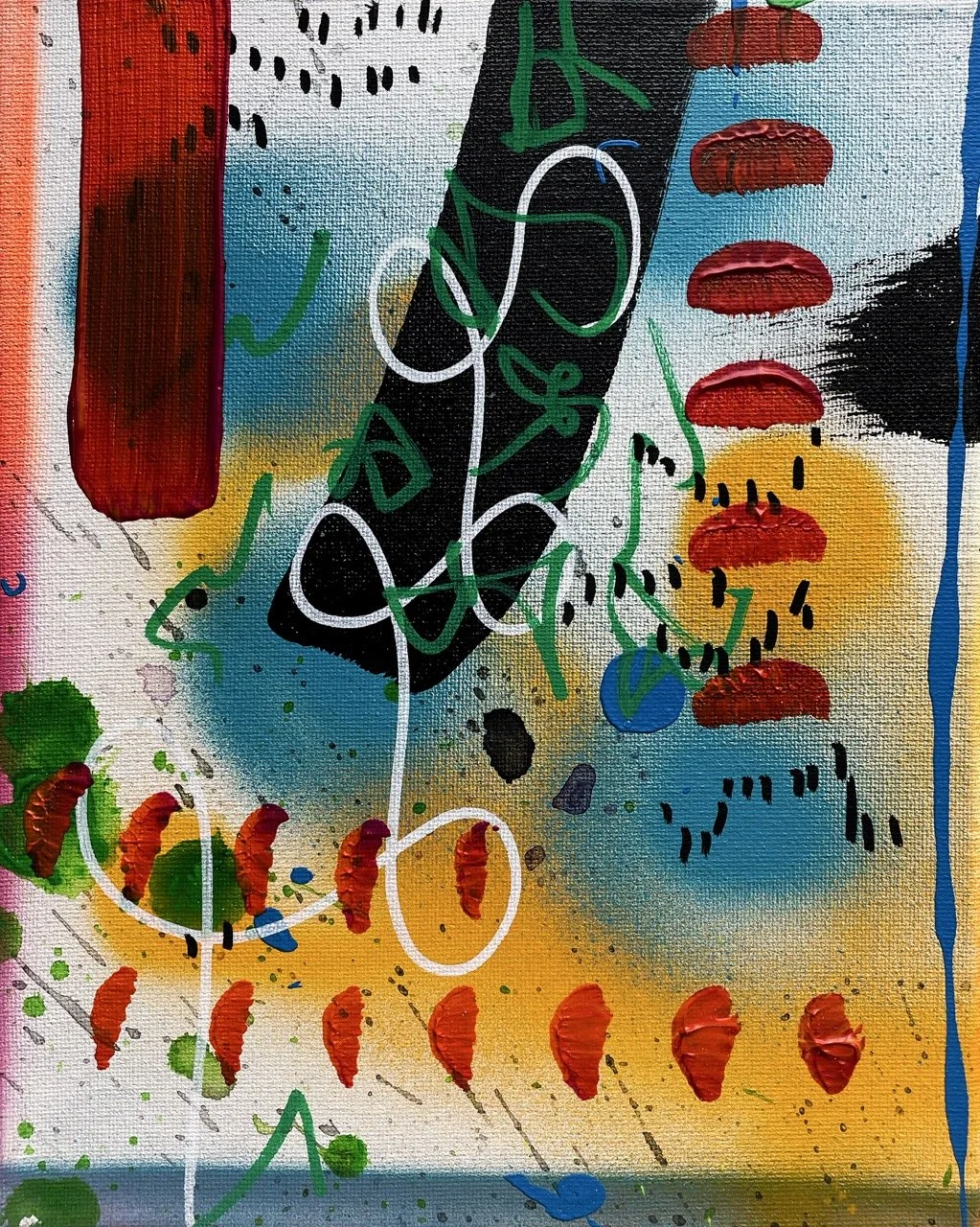 An abstract painting with vibrant colors and dynamic shapes, including red, black, white, blue, yellow, green, and pink. It features brushstrokes, dots, lines, and scribbles creating a lively composition.