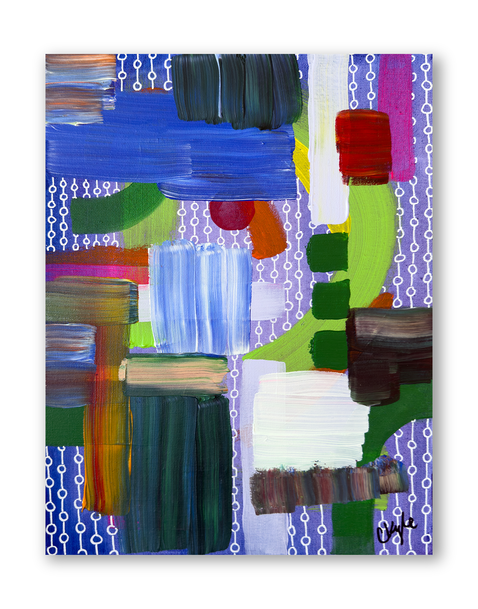 Abstract colorful painting with various brush strokes and patterns, including green, red, blue, white, black, and purple, signed 'Chloe' in the bottom right corner.
