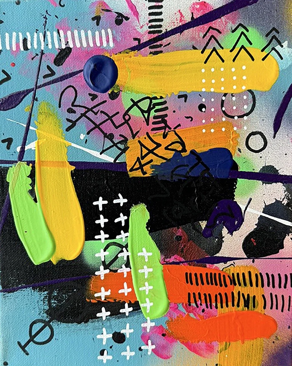 Abstract colorful painting with splashes of blue, pink, yellow, green, orange, and black, featuring various shapes, lines, and doodles.