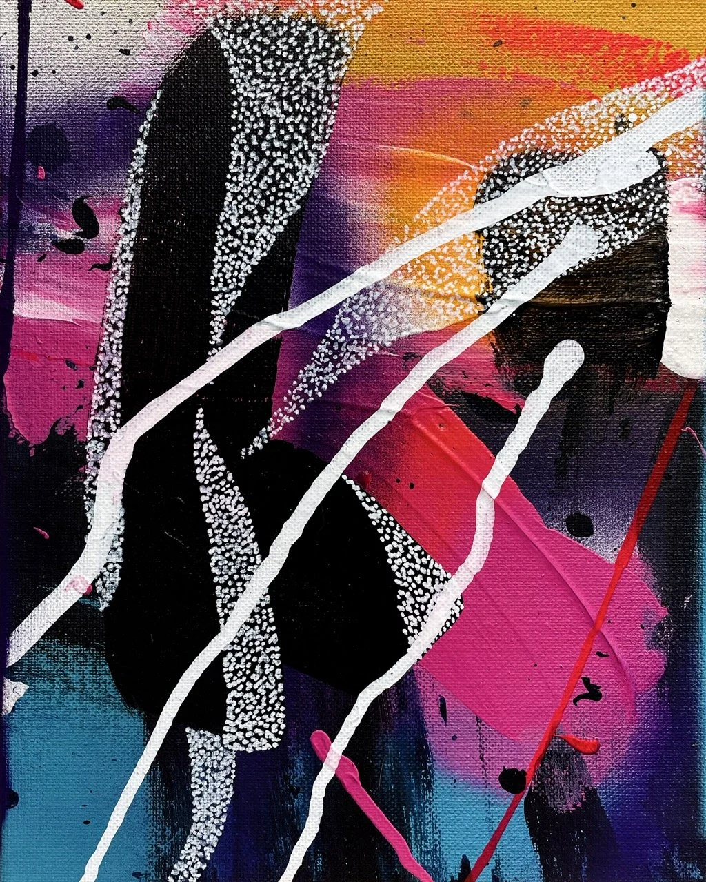 Abstract colorful painting with splashes of pink, purple, orange, blue, black, and white, featuring bold white and black lines and dripping paint.