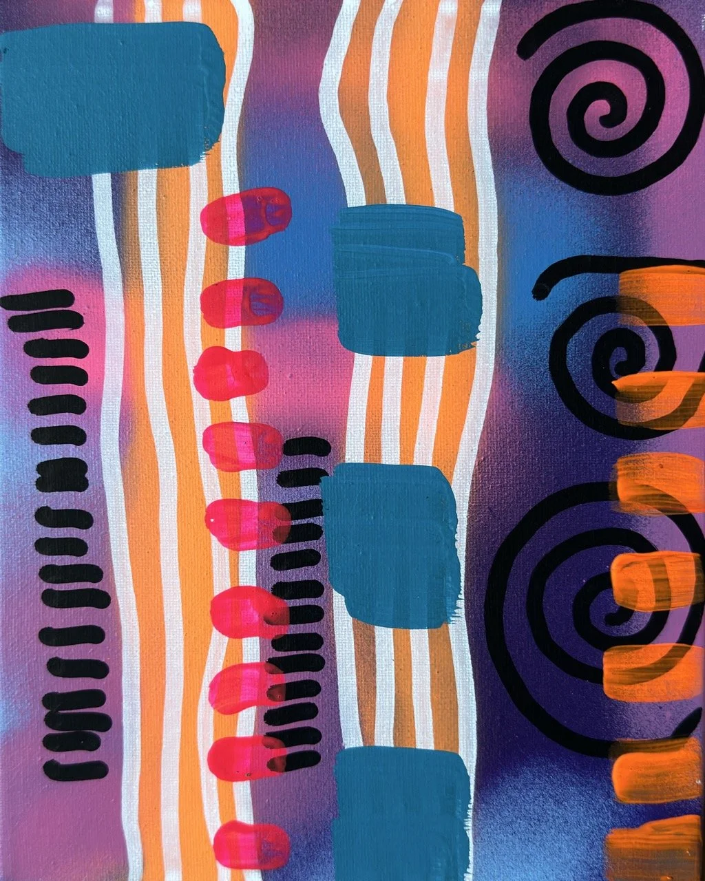 Abstract colorful painting with vertical wavy orange and white lines, blue rectangular shapes, pink and red oval shapes, black horizontal lines, and black spirals on a purple background.