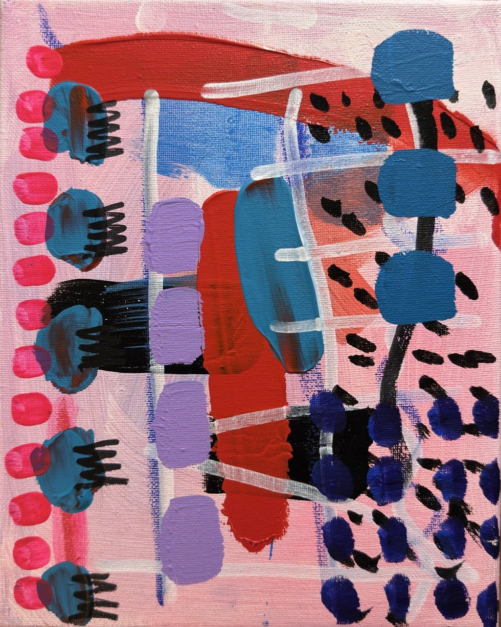 Abstract painting with pink background, featuring various colorful shapes and lines, including blue, purple, red, black, and white elements.