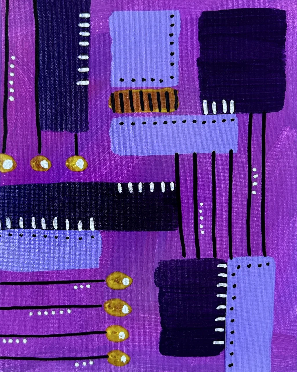 Abstract painting with purple background featuring geometric shapes, black, purple, and black striped patterns, white dots, and yellow circular elements with white centers.