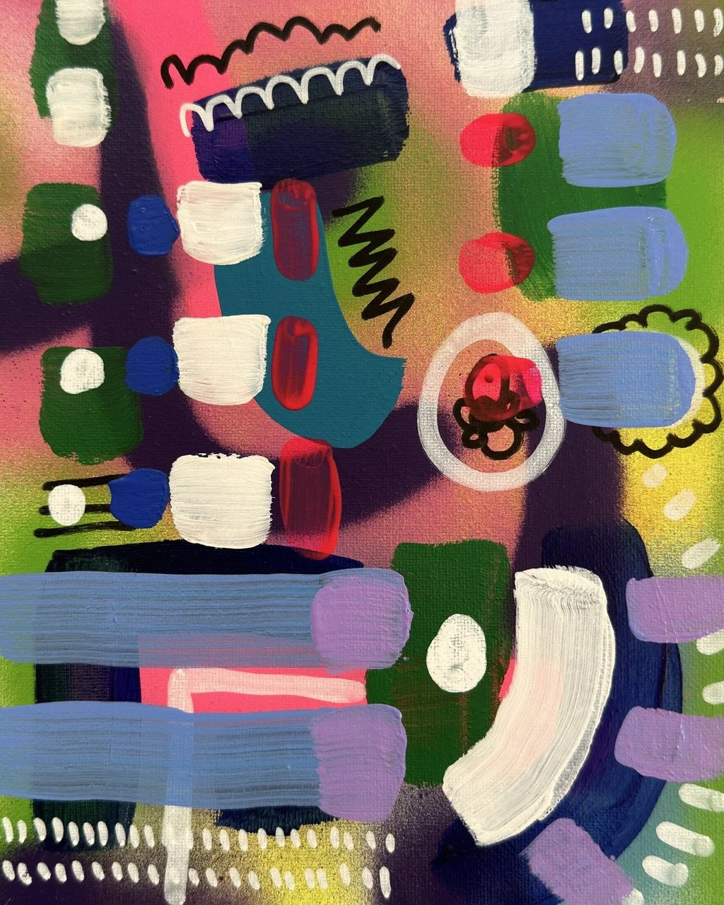 Abstract colorful painting with various shapes and brush strokes, including ovals, rectangles, and squiggly lines in bright colors like red, blue, green, yellow, purple, and black.