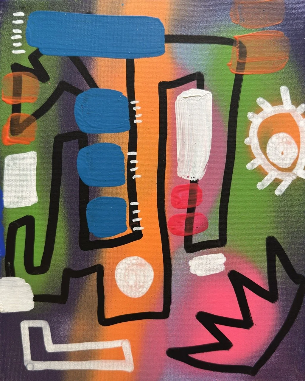 Abstract colorful painting featuring a stylized speaker system with blue, red, white, and orange shapes and a sun symbol against a multicolored background.