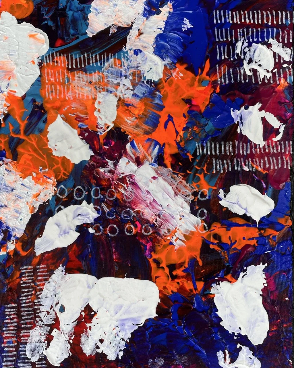 Abstract painting with bold strokes of white, orange, blue, pink, purple, and black colors, featuring a mix of textured layers and patterns.