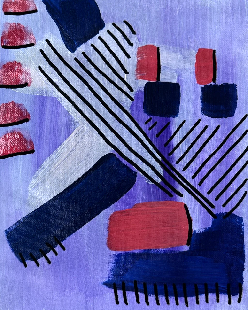 Abstract painting featuring blocks of red and navy blue, diagonal black lines, and a purple background.