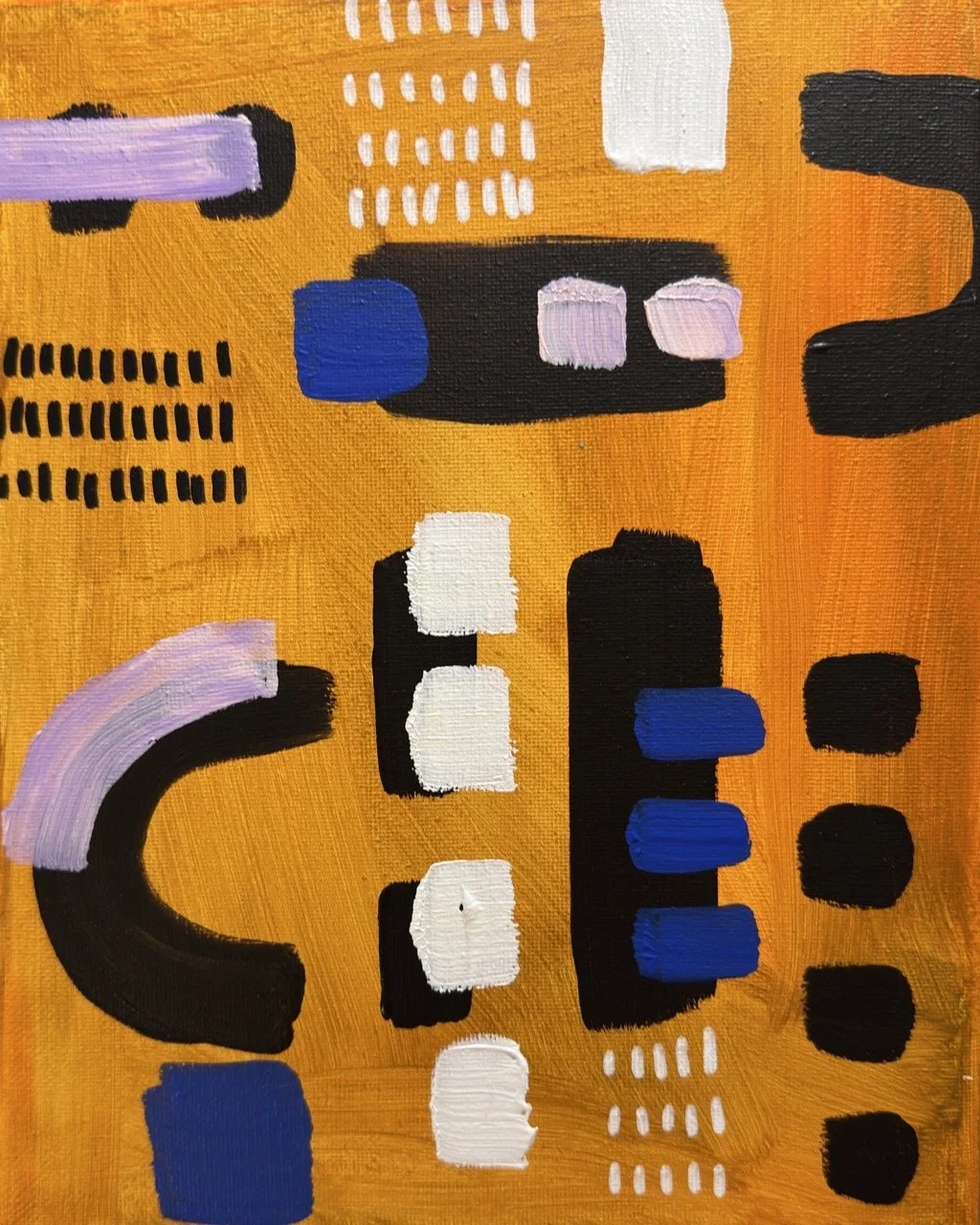 Abstract geometric painting with black, white, purple, and blue shapes on an orange background.