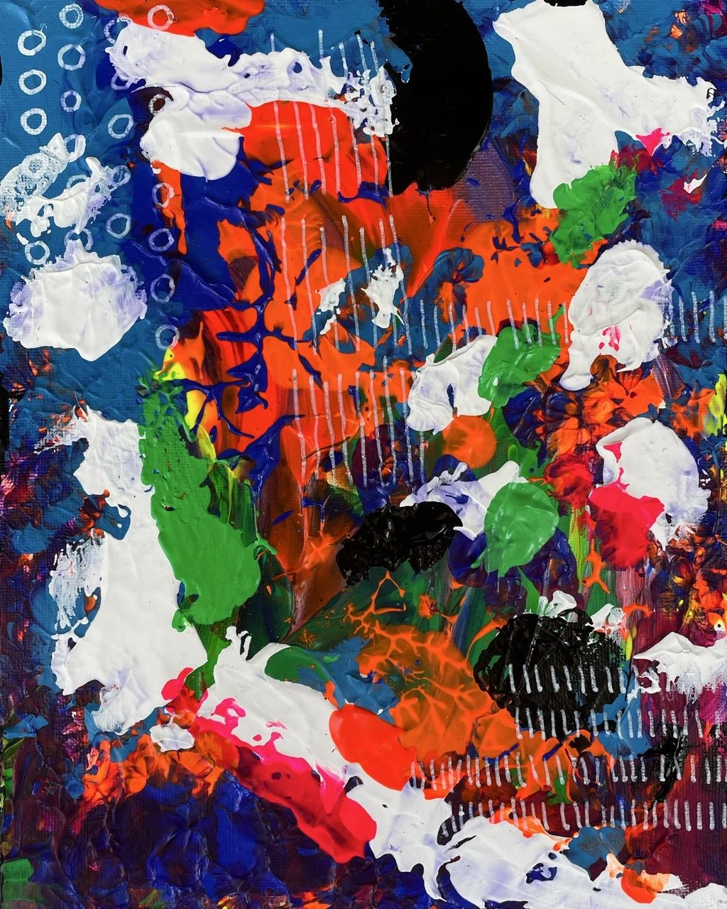 Abstract acrylic painting with vibrant splashes of red, orange, green, white, black, and blue paint, featuring layered textures and patterns.