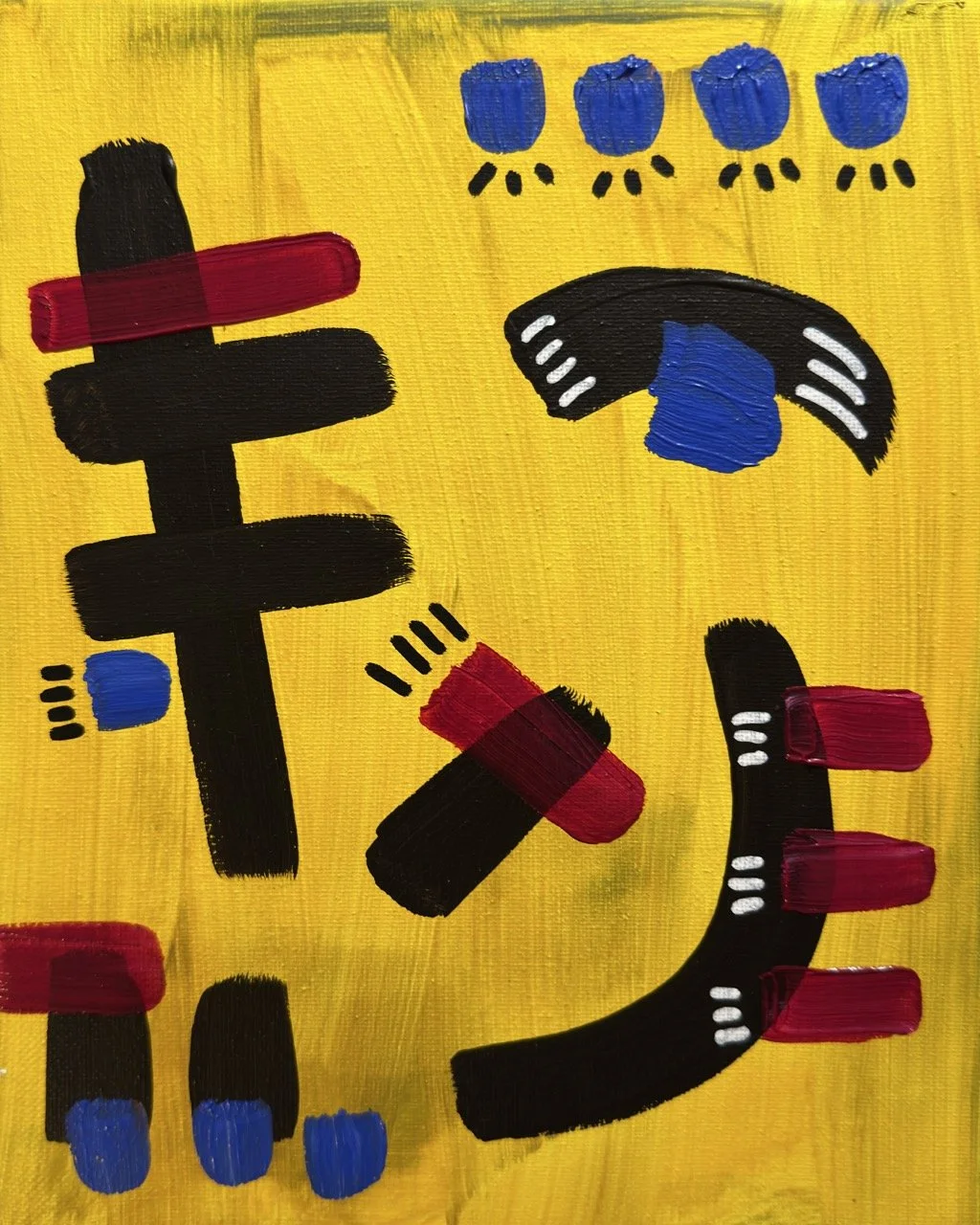 A colorful abstract painting with large black brush strokes, red and blue curved and rectangular shapes on a yellow background.