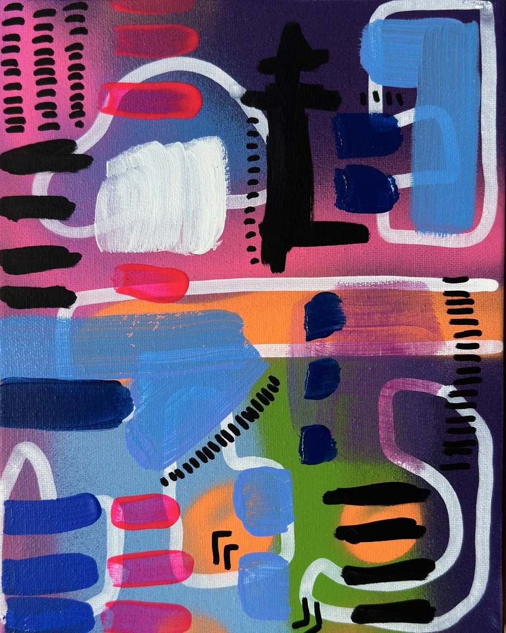 Abstract colorful painting with bold black lines, pink, blue, green, orange, and purple shapes and brushstrokes.